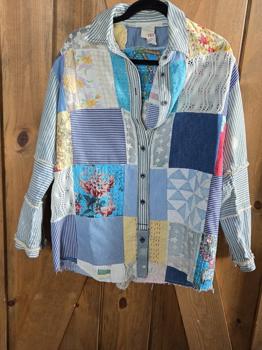 Free People Tricia Fix Patchwork Shirt in Blue, Turquoise & Cream - Picture 1 of 3